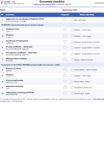 Document checklist — Family sponsorship (COE)
