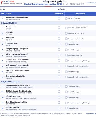 Bảng check giấy tờ — Chuyển từ Tokutei Katsudo sang visa kỹ sư (技人国)