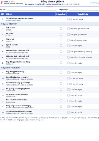 Bảng check giấy tờ — Gia hạn visa kỹ sư (技人国) — nhân viên phái cử