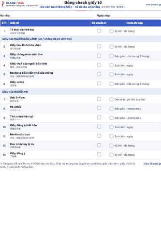 Bảng check giấy tờ — Xin vĩnh trú ở Nhật (永住) — hồ sơ cho vợ/chồng