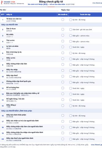 Bảng check giấy tờ — Xin vĩnh trú ở Nhật (永住) — hồ sơ cho bản thân