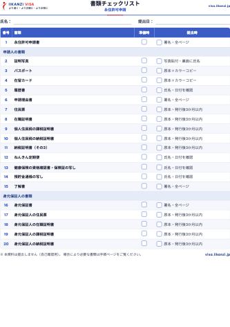 書類チェックリスト — 永住許可申請