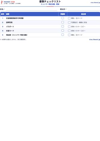 書類チェックリスト — ミャンマー特定活動 · 更新